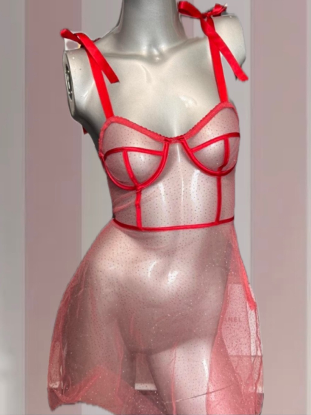 Red Dolls Kill Sugar Thrillz sheer glitter babydoll dress with ribbon straps